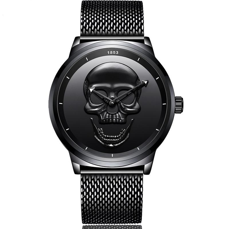 Orologio Da Polso Uomo Con Teschio – Quadrante Luminoso, Impermeabile 30 M, Cassa In Lega, Cinturino In Acciaio, Nero/argento
